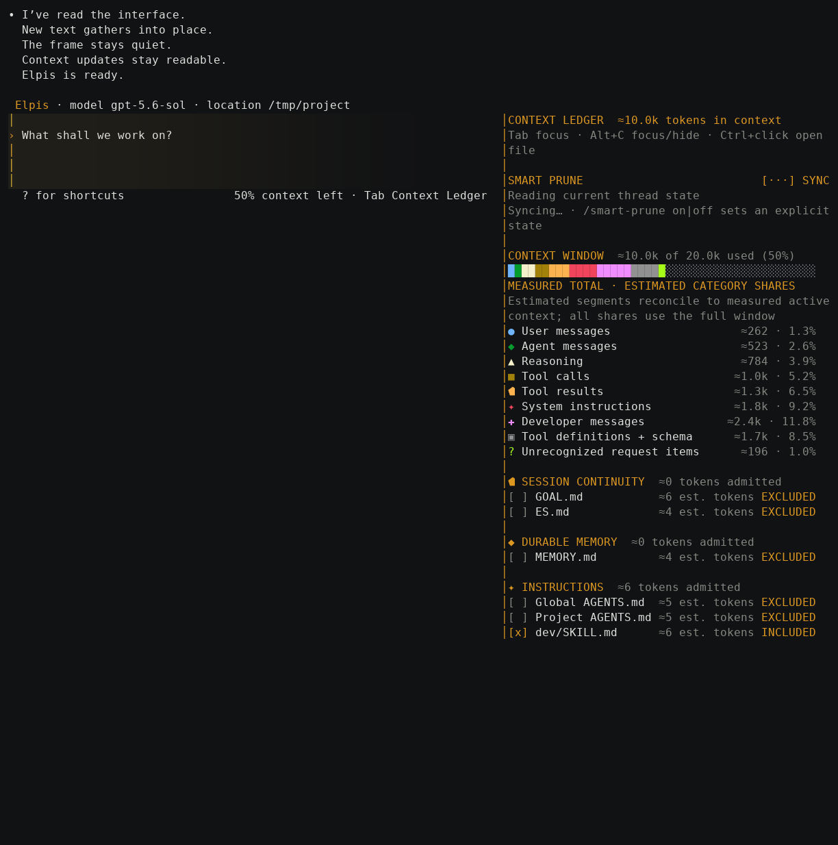 Elpis Context Ledger with matching category colors and the Quiet Rail composer