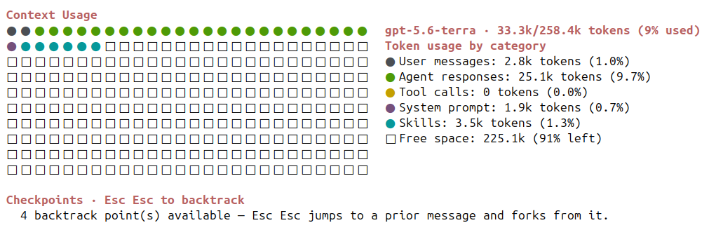 /context showing token usage as a grid, broken down by category, with available backtrack checkpoints